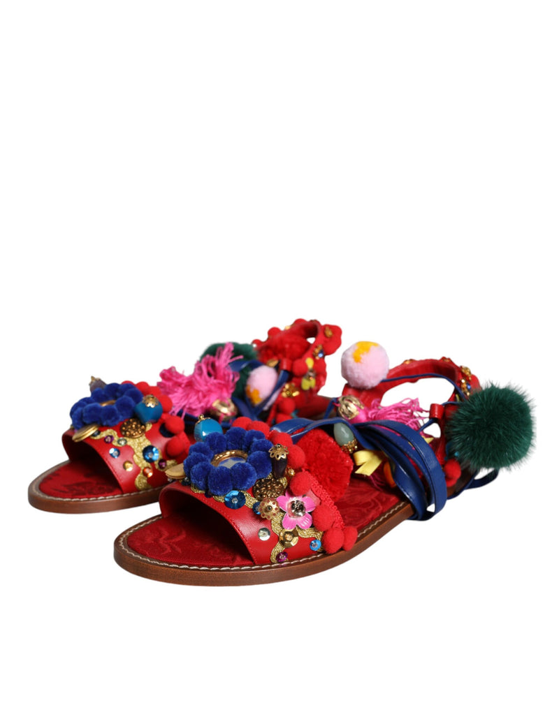 Multicolor Pom Pom Fur Wrap Sandals Shoes Dolce & Gabbana