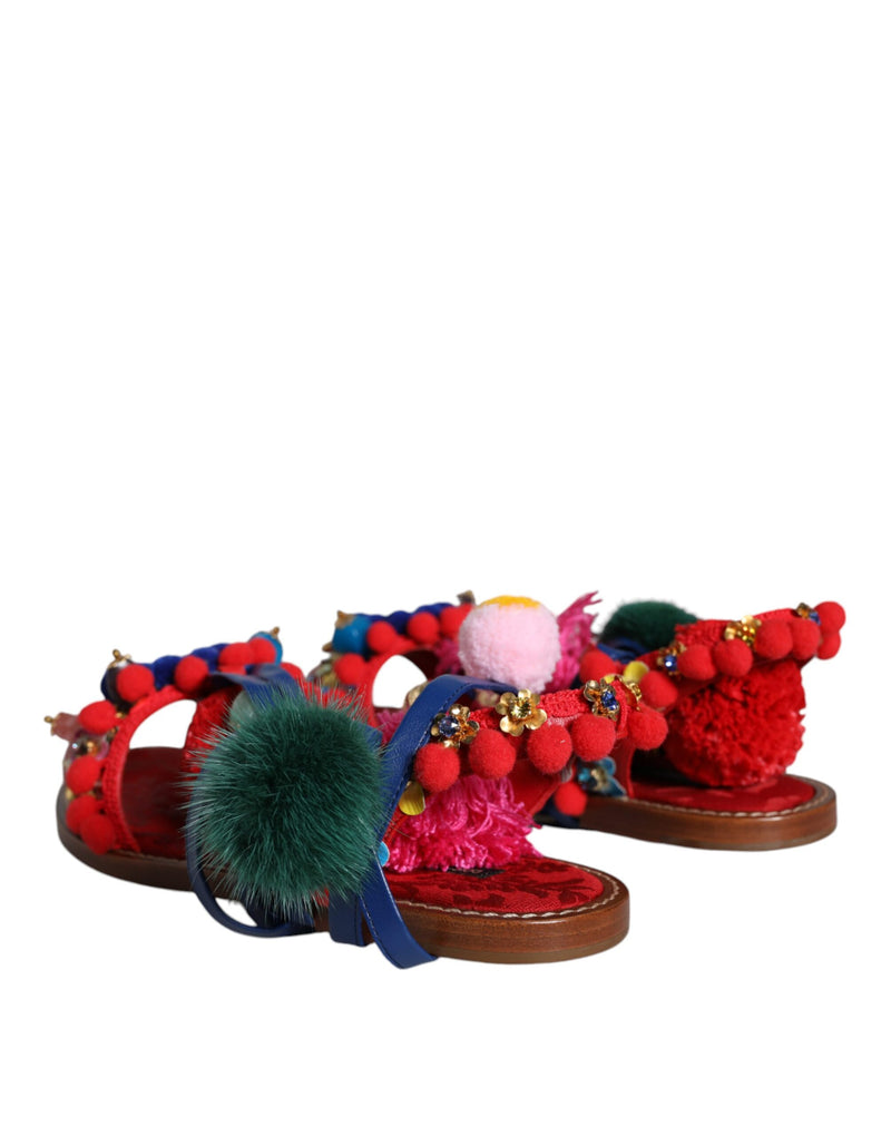 Multicolor Pom Pom Fur Wrap Sandals Shoes Dolce & Gabbana