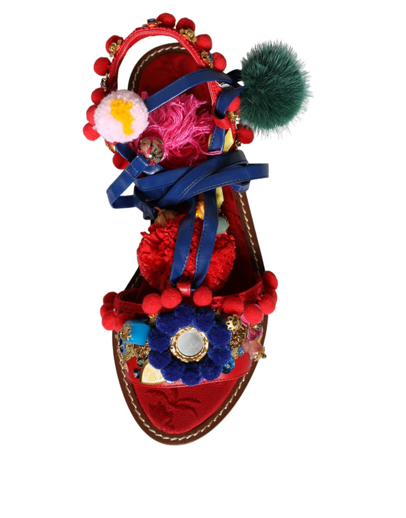 Multicolor Pom Pom Fur Wrap Sandals Shoes Dolce & Gabbana