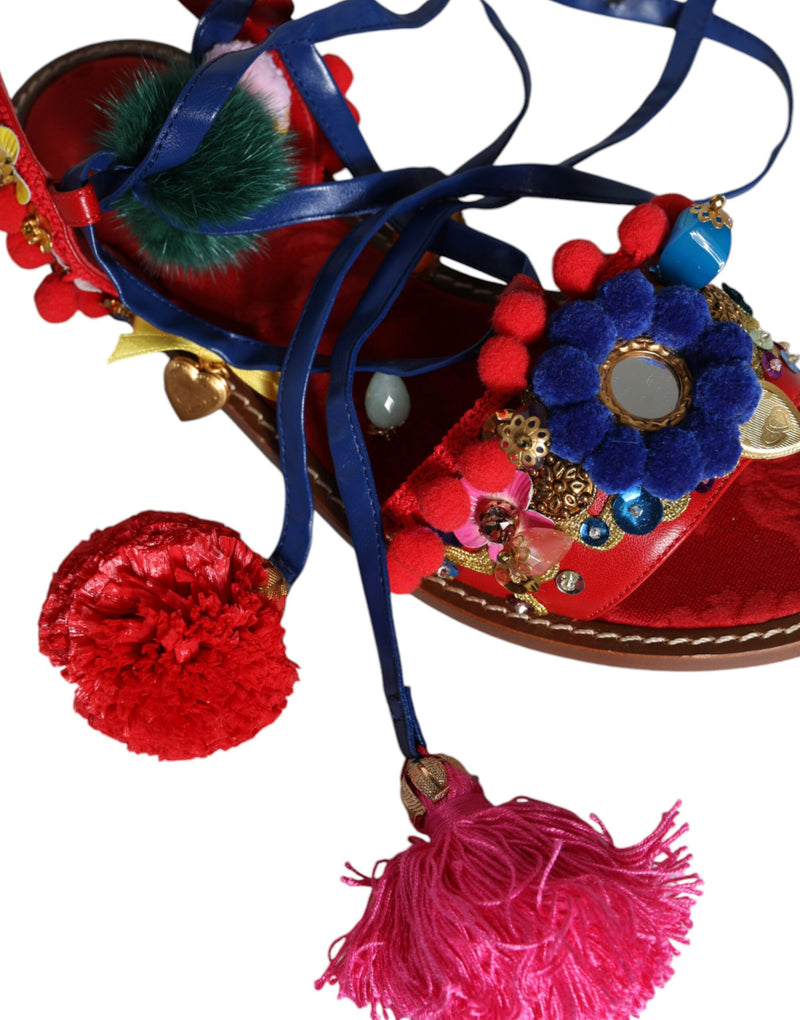 Multicolor Pom Pom Fur Wrap Sandals Shoes Dolce & Gabbana