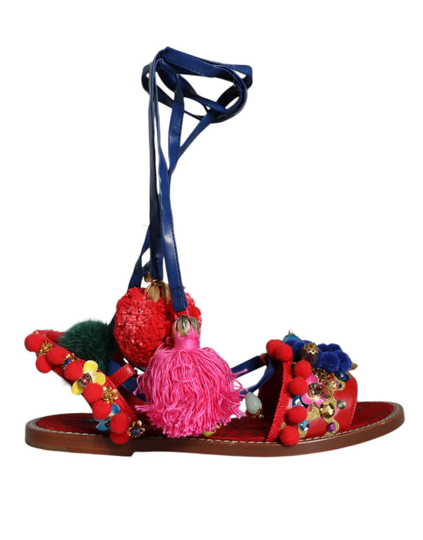 Multicolor Pom Pom Fur Wrap Sandals Shoes Dolce & Gabbana