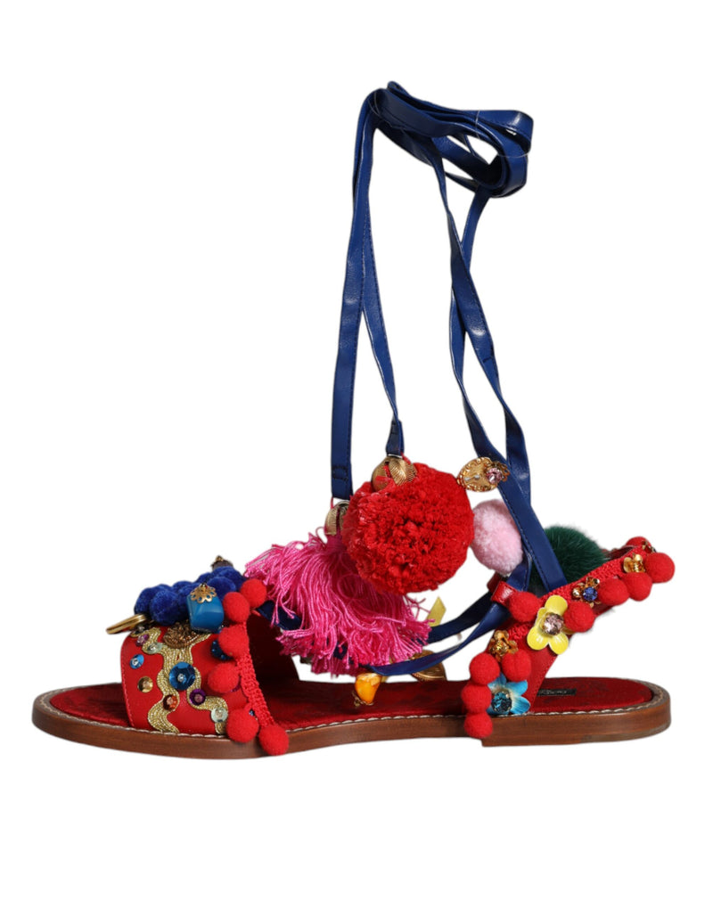 Multicolor Pom Pom Fur Wrap Sandals Shoes Dolce & Gabbana