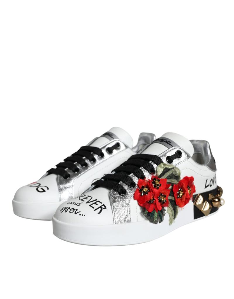 White Leather Floral Studded Sneakers Shoes Dolce & Gabbana