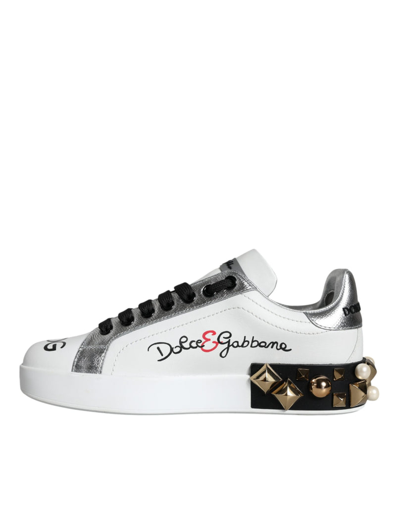 White Leather Floral Studded Sneakers Shoes Dolce & Gabbana