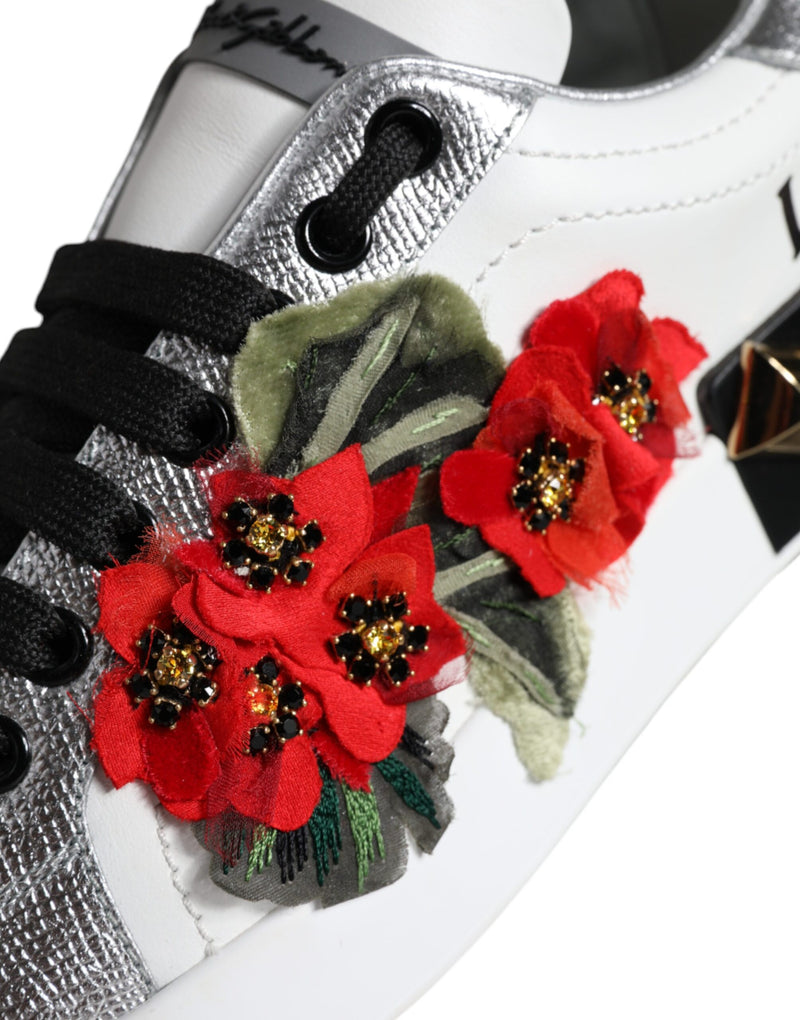 White Leather Floral Studded Sneakers Shoes Dolce & Gabbana