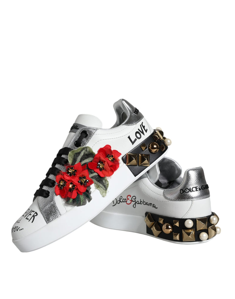 White Leather Floral Studded Sneakers Shoes Dolce & Gabbana