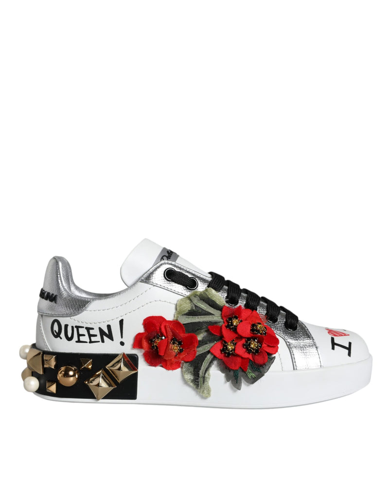 White Leather Floral Studded Sneakers Shoes Dolce & Gabbana