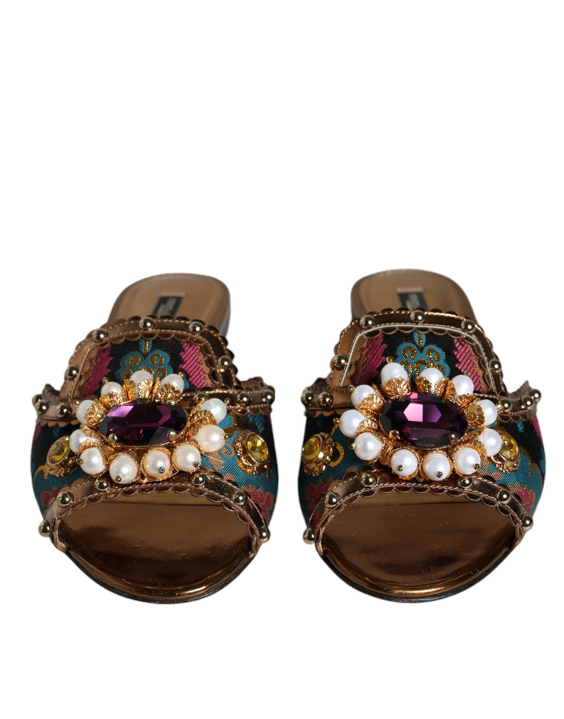 Multicolor Jacquard Embellished Slides Flats Shoes Dolce & Gabbana