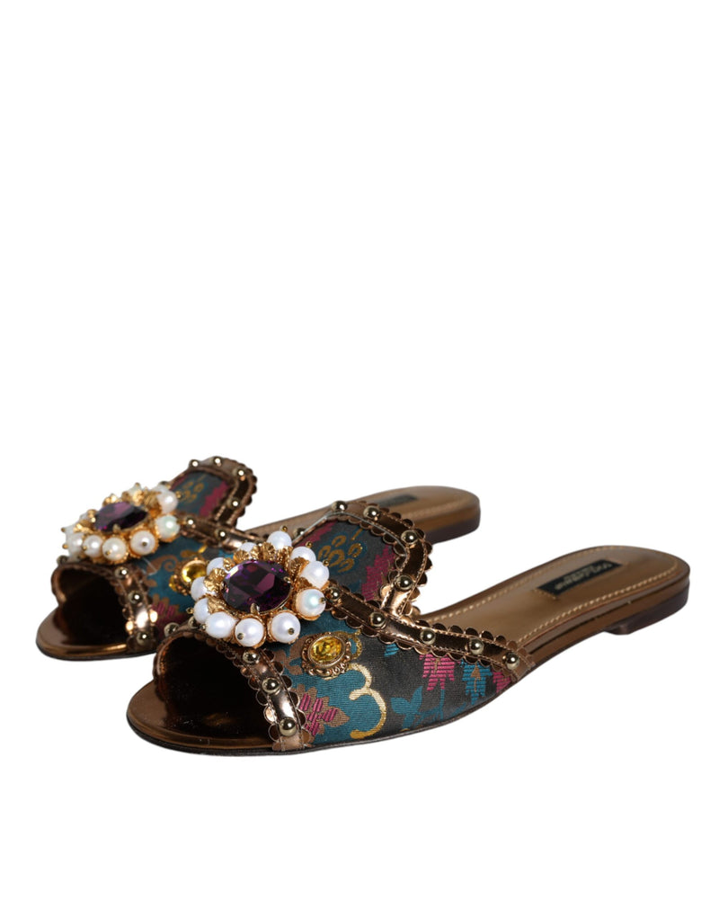 Multicolor Jacquard Embellished Slides Flats Shoes Dolce & Gabbana