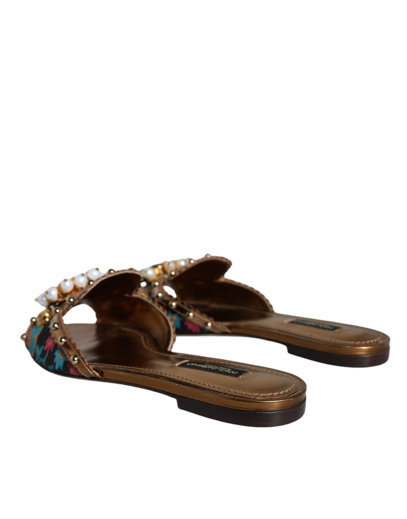 Multicolor Jacquard Embellished Slides Flats Shoes Dolce & Gabbana