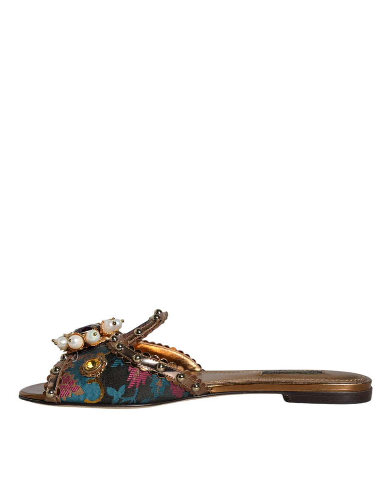 Multicolor Jacquard Embellished Slides Flats Shoes Dolce & Gabbana