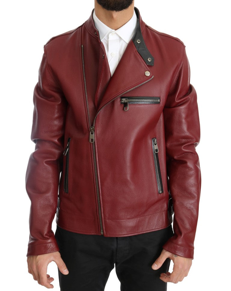 Radiant Red Leather Biker Motorcycle Jacket Dolce & Gabbana