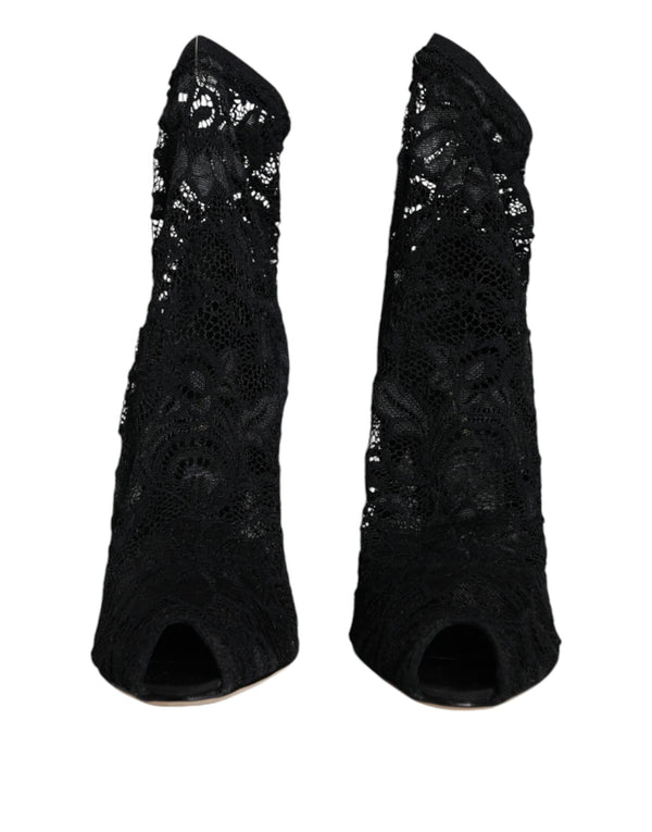 Black Lace Stretch Heels Mid Calf Boot Shoes Dolce & Gabbana