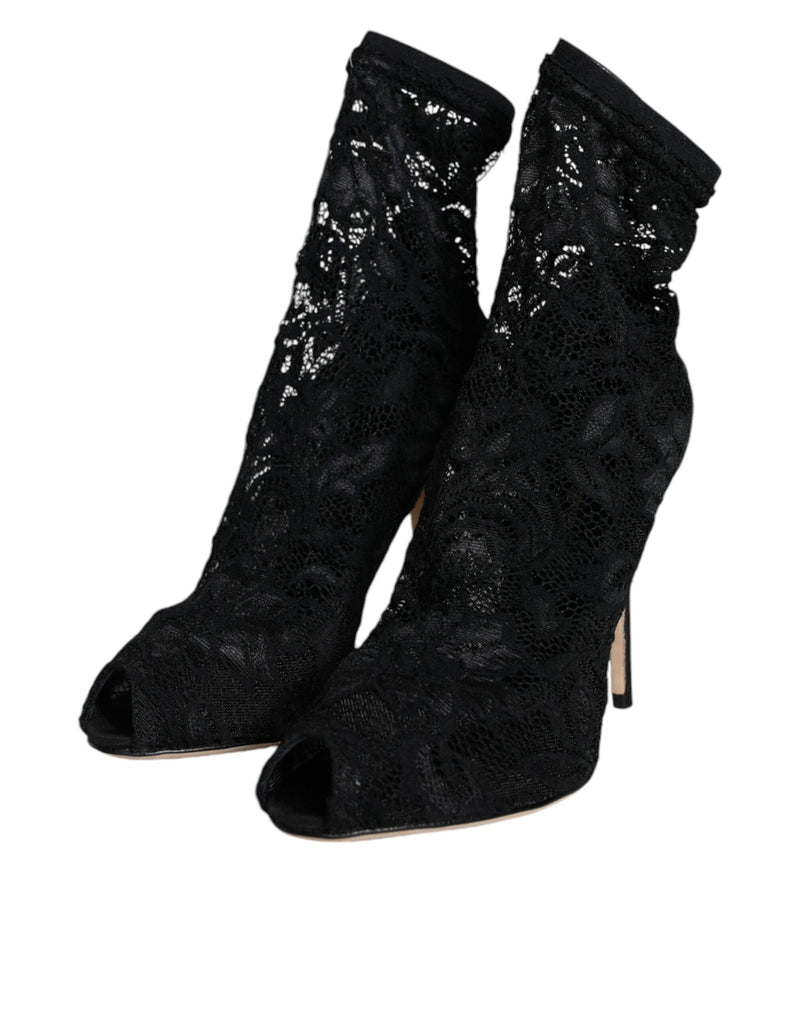 Black Lace Stretch Heels Mid Calf Boot Shoes Dolce & Gabbana