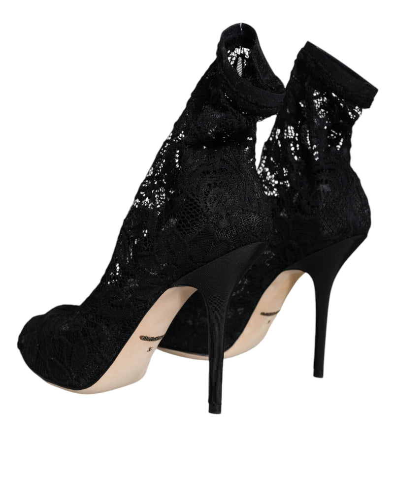 Black Lace Stretch Heels Mid Calf Boot Shoes Dolce & Gabbana