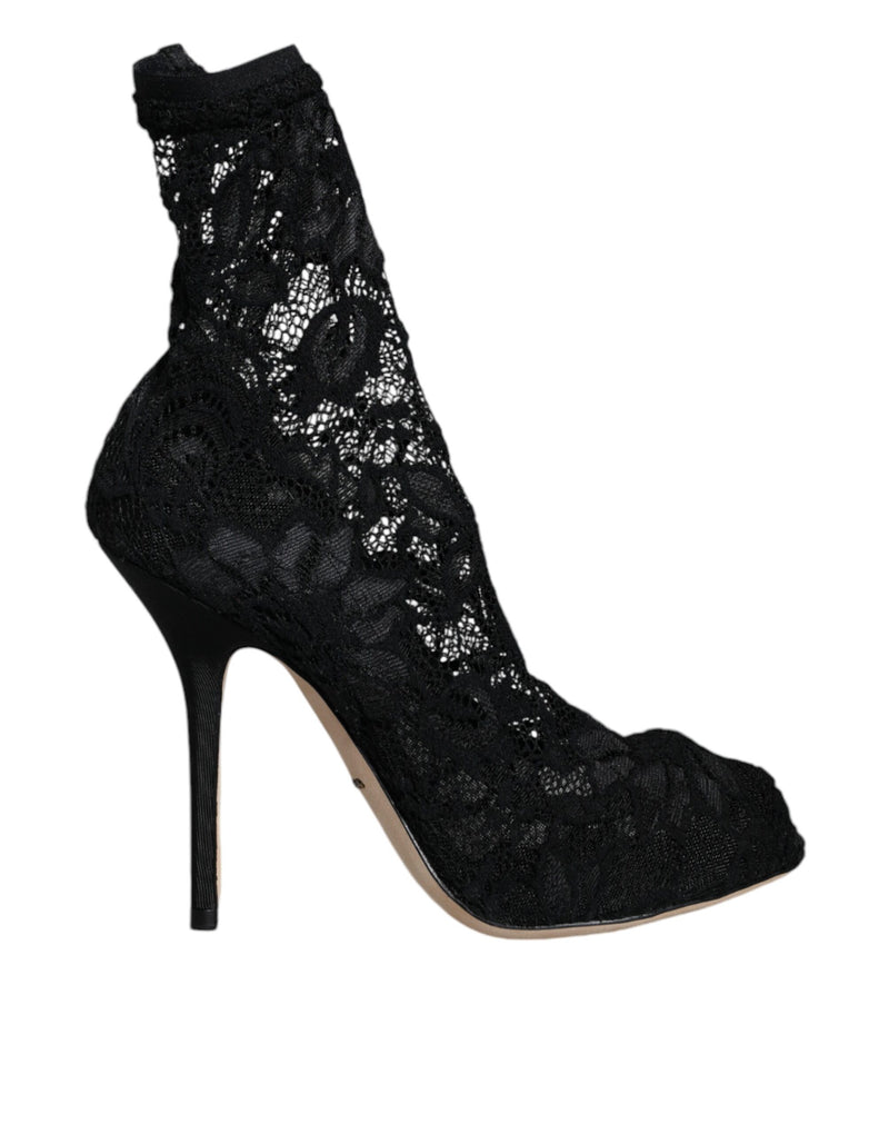 Black Lace Stretch Heels Mid Calf Boot Shoes Dolce & Gabbana