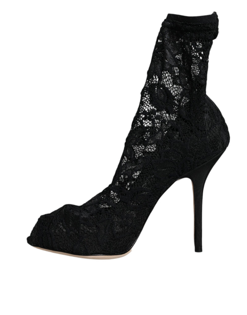 Black Lace Stretch Heels Mid Calf Boot Shoes Dolce & Gabbana