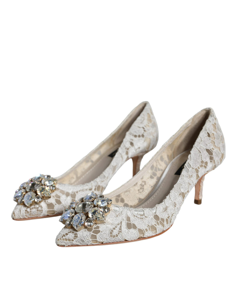 White Taormina Lace Crystal Heel Pumps Shoes Dolce & Gabbana