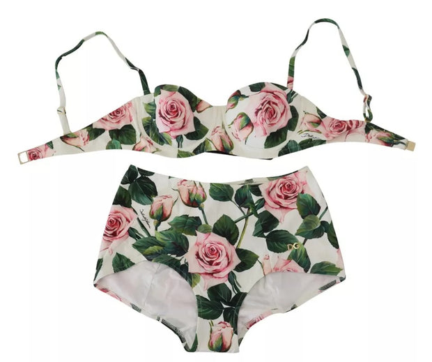 White Floral 2 Pc Bikini Top Bottom Beachwear Swimwear Dolce & Gabbana