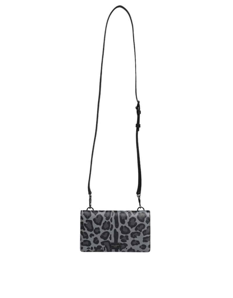 Black Gray Leopard Leather Bifold Card Slot Crossbody Bag Dolce & Gabbana