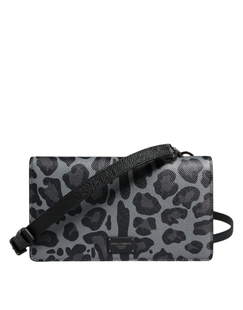 Black Gray Leopard Leather Bifold Card Slot Crossbody Bag Dolce & Gabbana