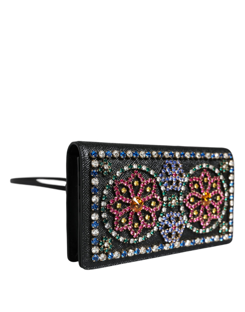 Black Leather Crystal Shoulder Crossbody Clutch Bag Dolce & Gabbana