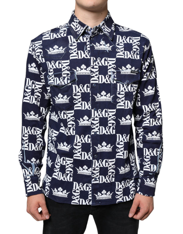 Blue Crown Logo Print Slim Fit Cotton Shirt Dolce & Gabbana