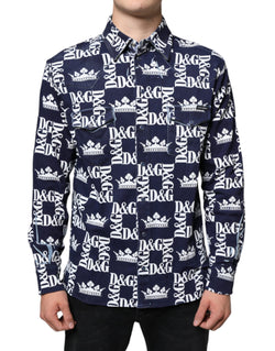 Blue Crown Logo Print Slim Fit Cotton Shirt Dolce & Gabbana