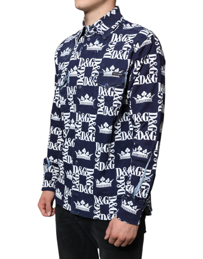 Blue Crown Logo Print Slim Fit Cotton Shirt Dolce & Gabbana