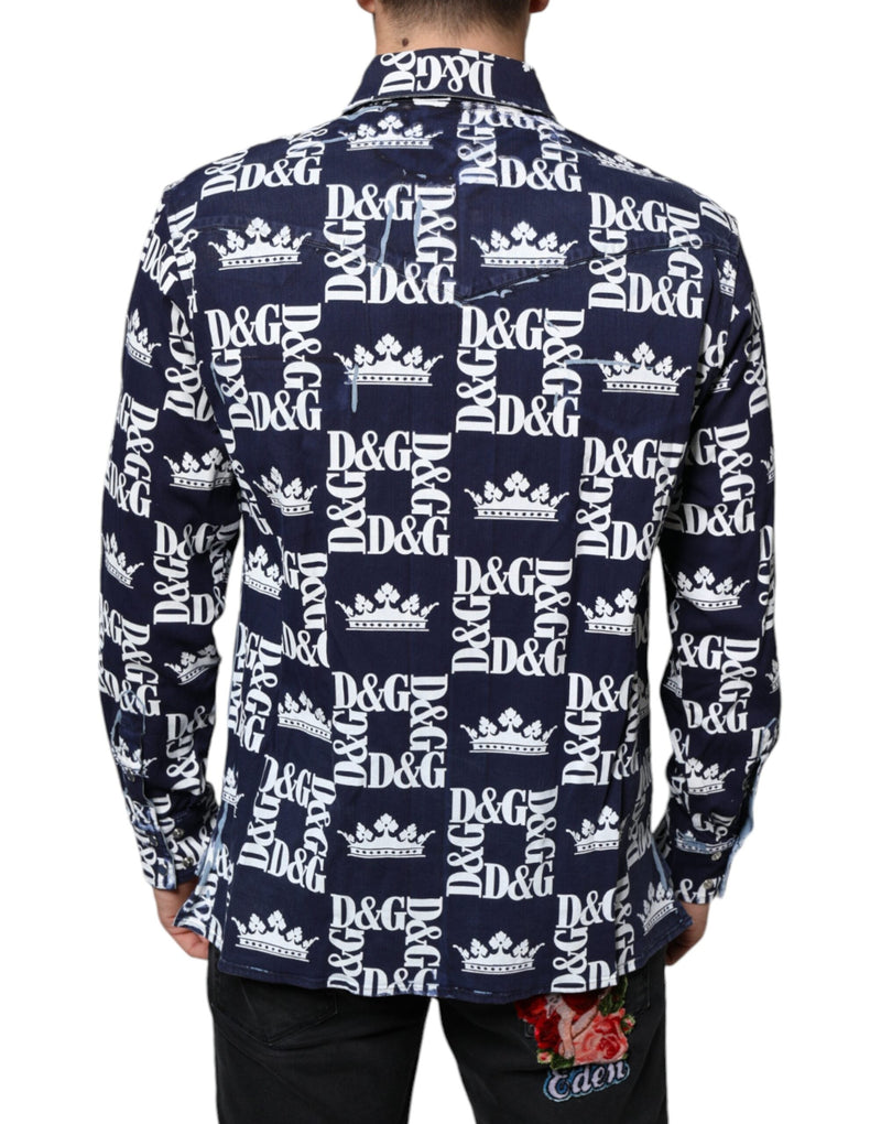 Blue Crown Logo Print Slim Fit Cotton Shirt Dolce & Gabbana