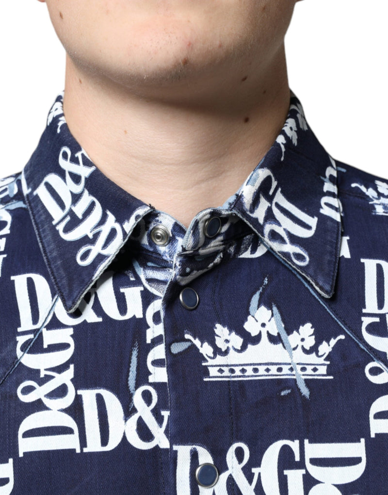 Blue Crown Logo Print Slim Fit Cotton Shirt Dolce & Gabbana