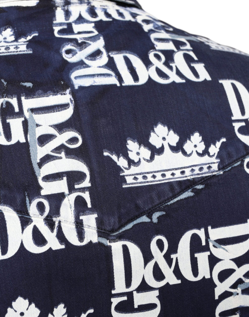 Blue Crown Logo Print Slim Fit Cotton Shirt Dolce & Gabbana