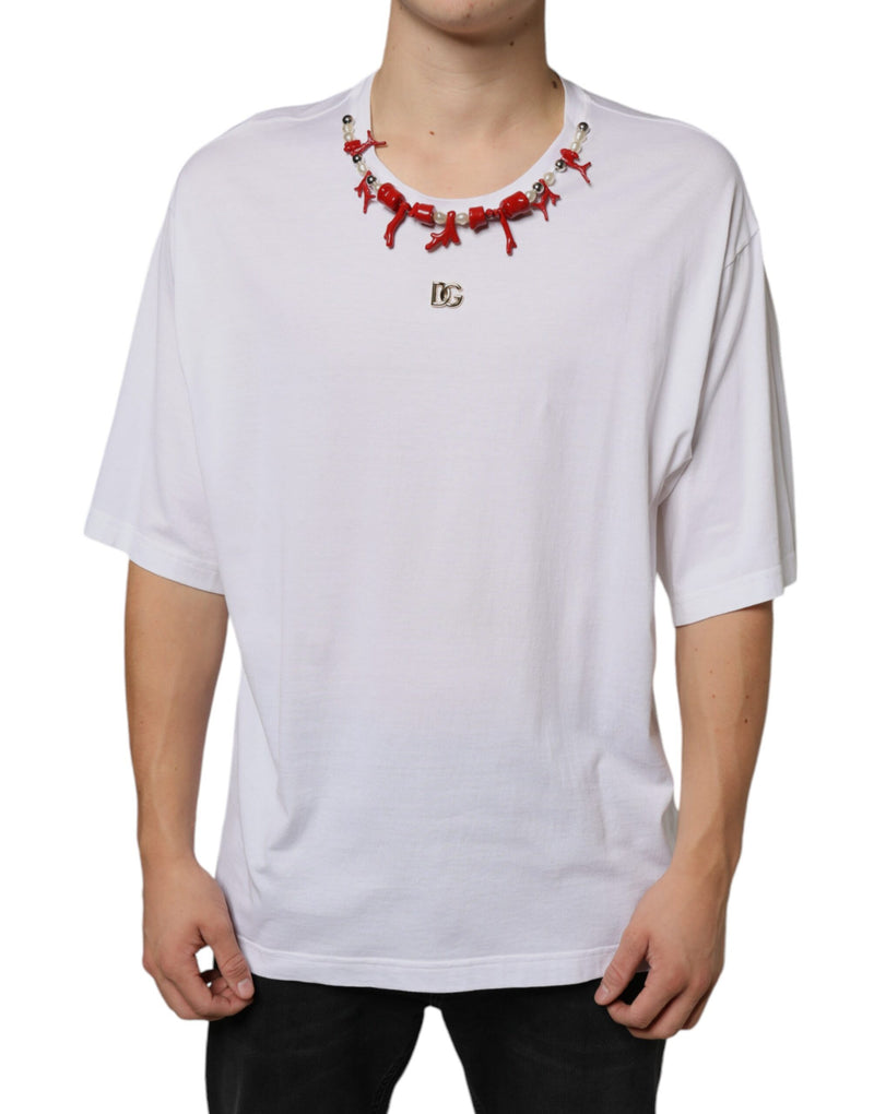 White Cotton Necklace Embellished T-shirt Dolce & Gabbana