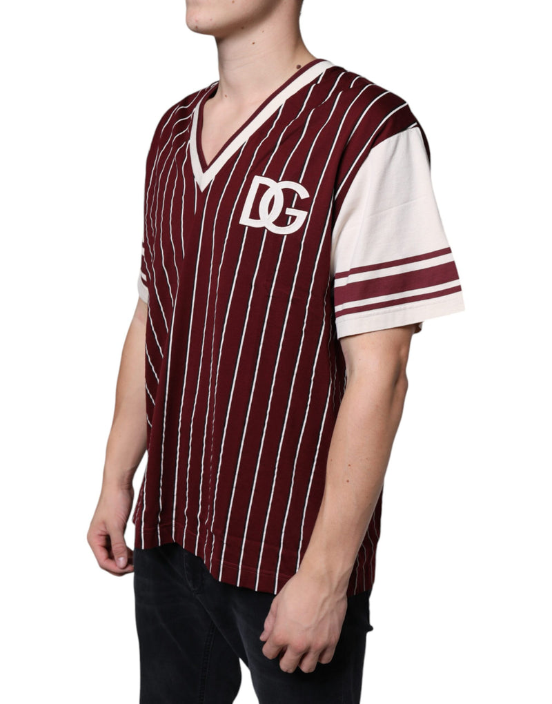 Maroon Stripes Cotton Logo V-neck T-shirt Dolce & Gabbana