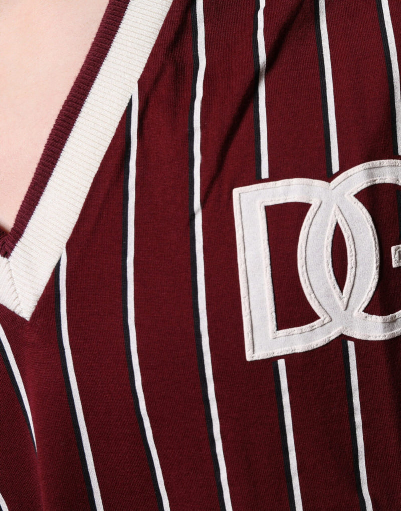 Maroon Stripes Cotton Logo V-neck T-shirt Dolce & Gabbana