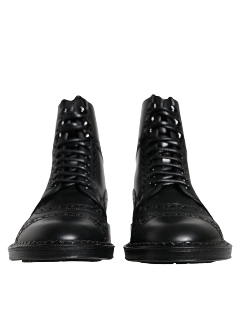 Black Leather Lace Up Mid Calf Boots Shoes Dolce & Gabbana