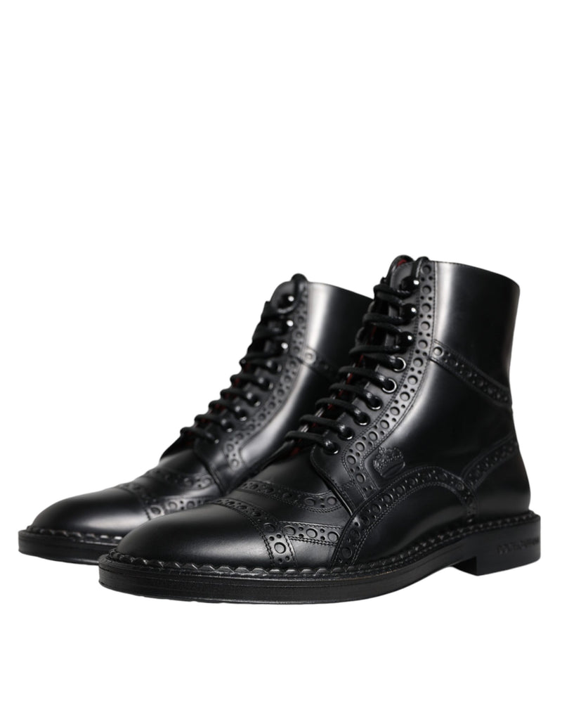 Black Leather Lace Up Mid Calf Boots Shoes Dolce & Gabbana