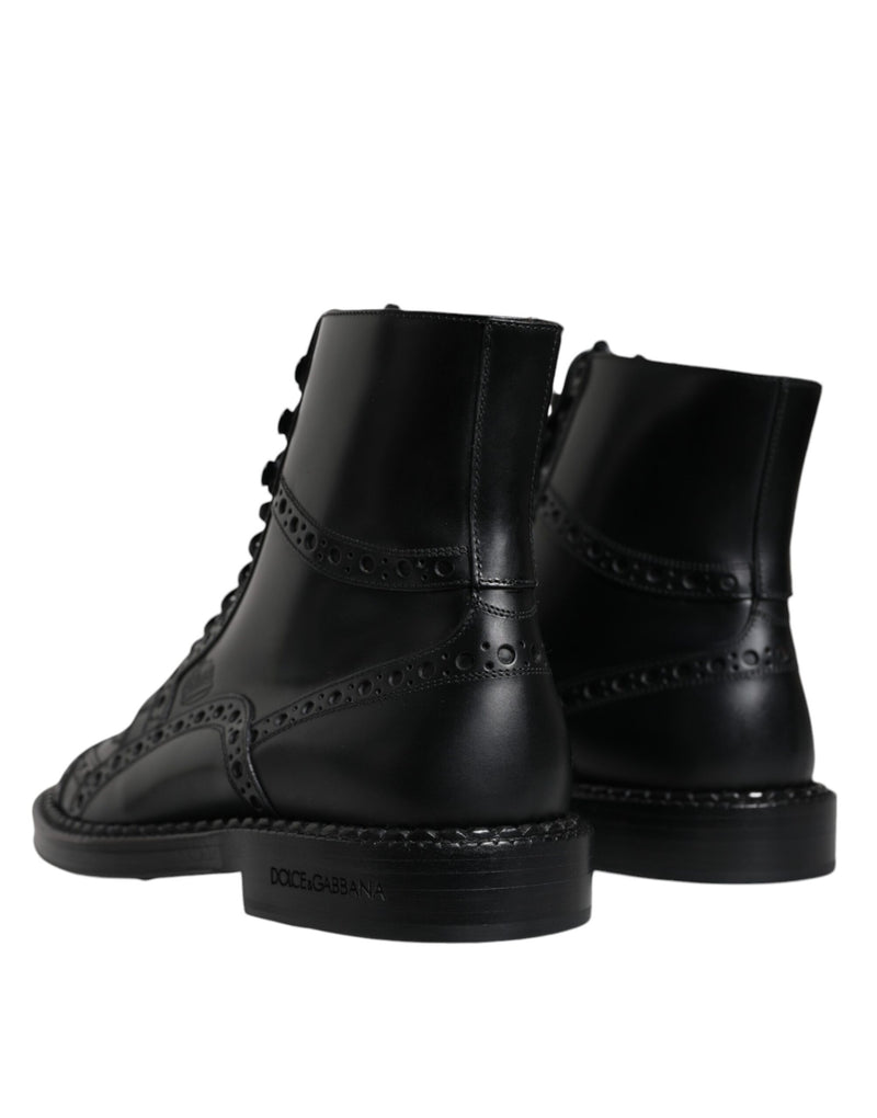 Black Leather Lace Up Mid Calf Boots Shoes Dolce & Gabbana