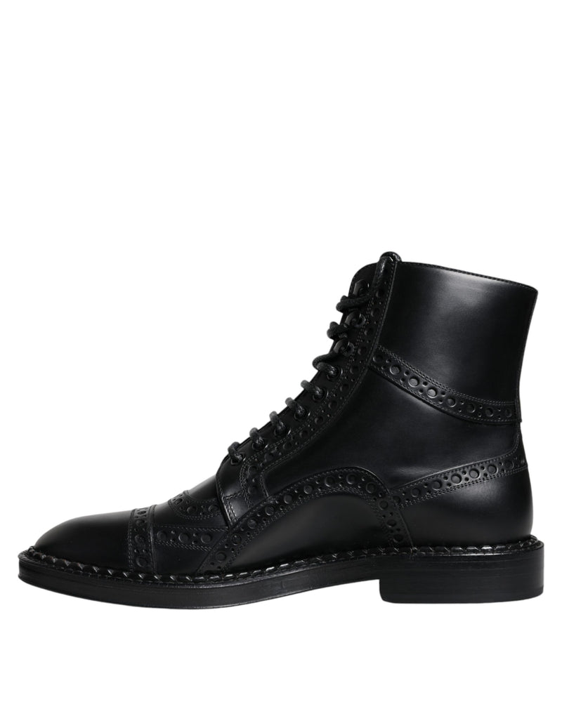 Black Leather Lace Up Mid Calf Boots Shoes Dolce & Gabbana