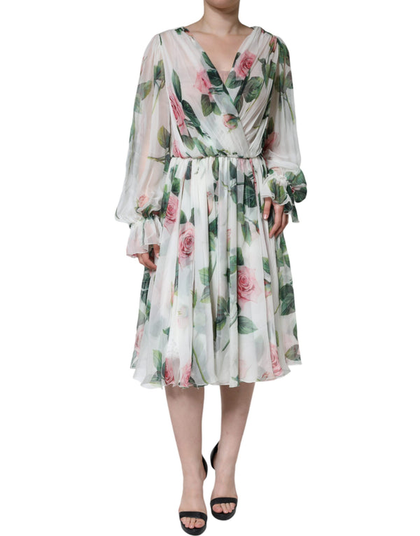 White Silk Floral Print A-line Midi Dress Dolce & Gabbana