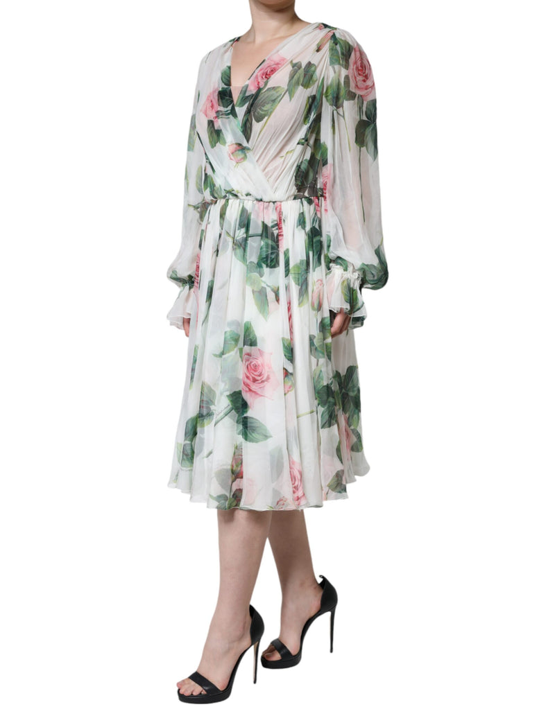 White Silk Floral Print A-line Midi Dress Dolce & Gabbana