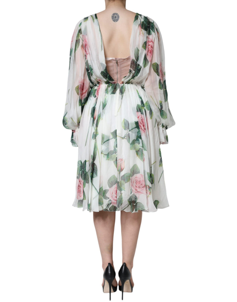 White Silk Floral Print A-line Midi Dress Dolce & Gabbana