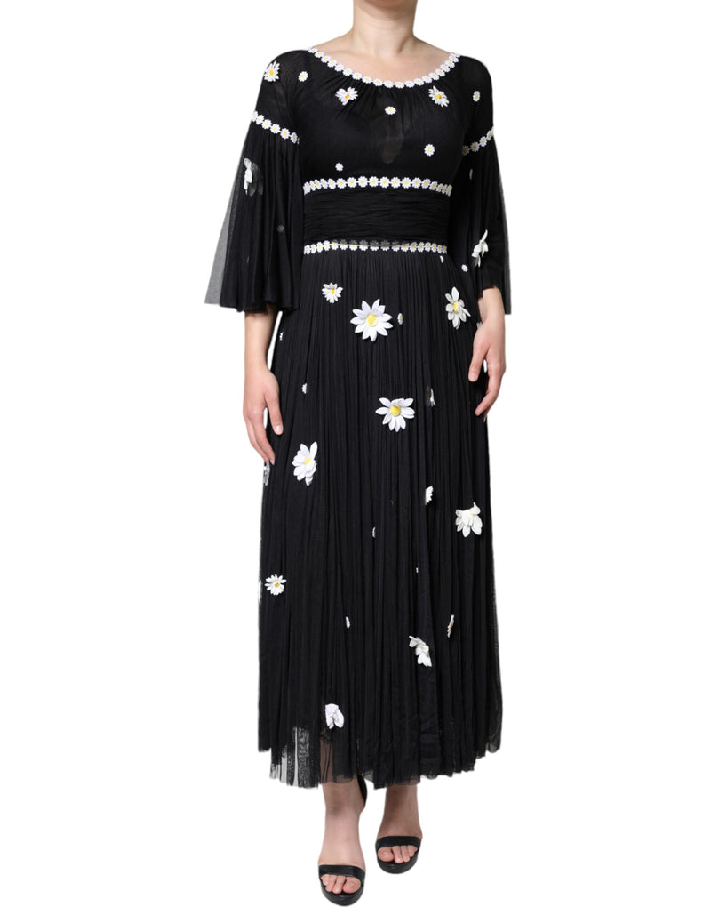 Black Silk Daisy A-line Long Maxi Dress Dolce & Gabbana