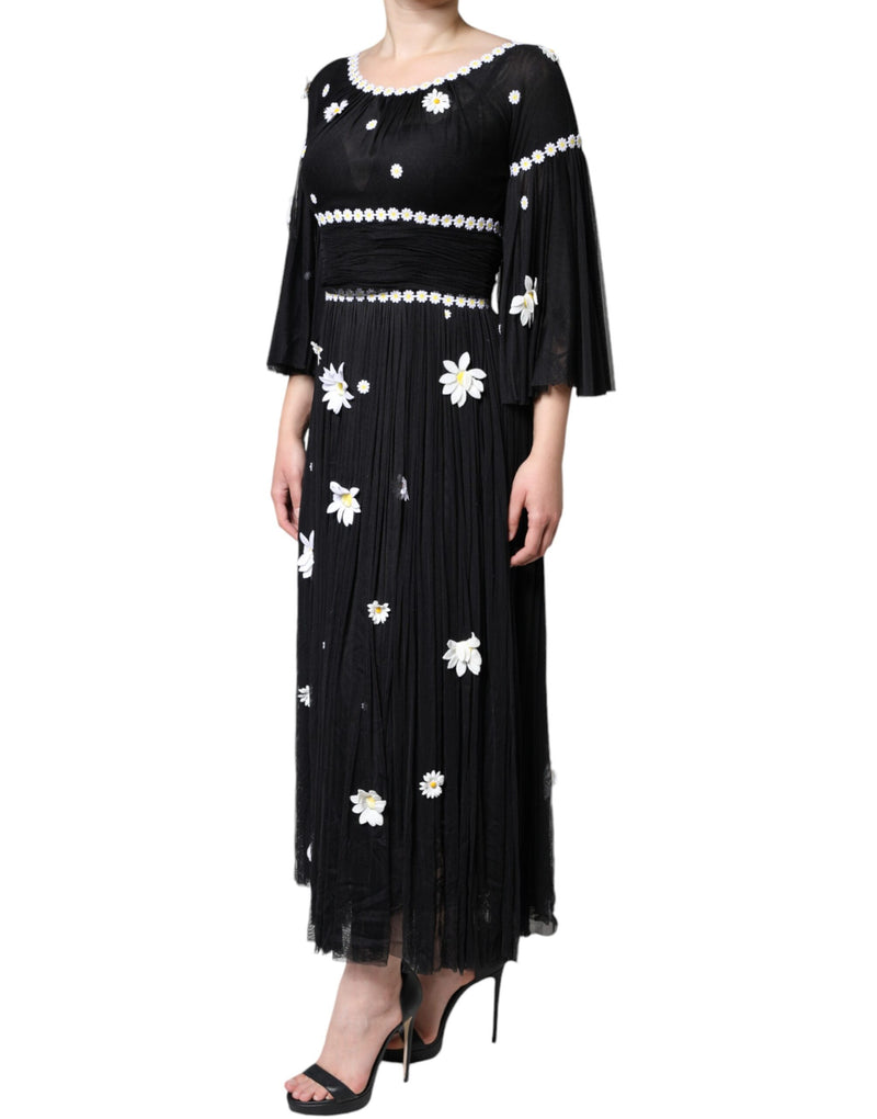 Black Silk Daisy A-line Long Maxi Dress Dolce & Gabbana