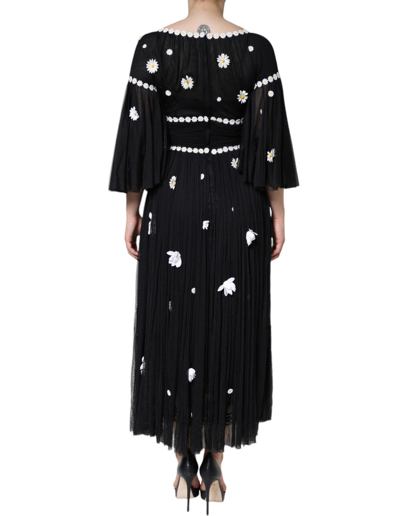 Black Silk Daisy A-line Long Maxi Dress Dolce & Gabbana