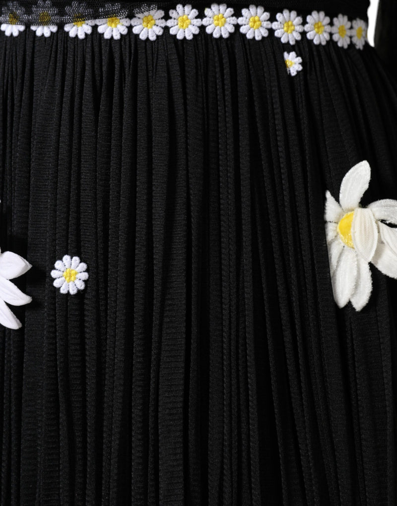 Black Silk Daisy A-line Long Maxi Dress Dolce & Gabbana