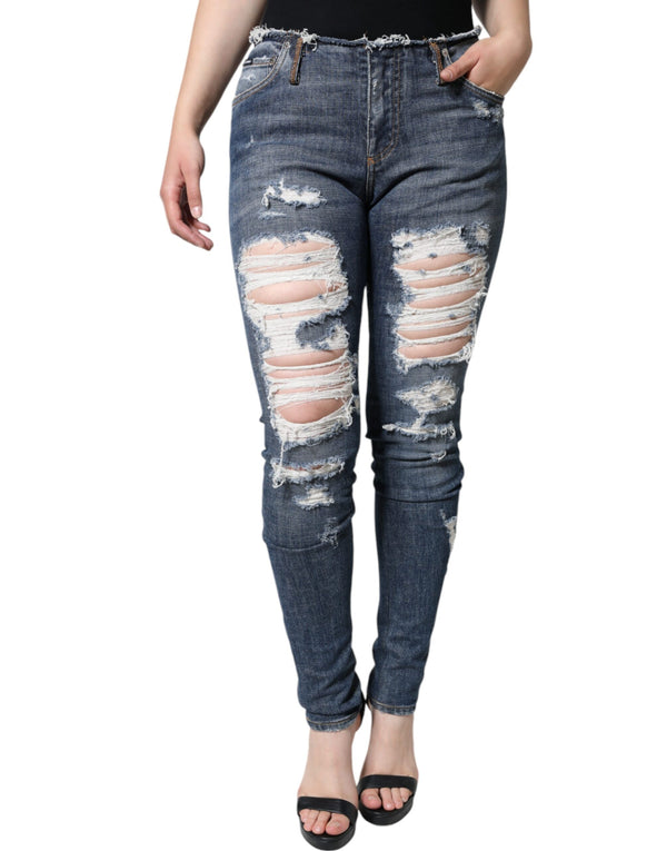 Blue Cotton Stretch Tattered Skinny Jeans Dolce & Gabbana