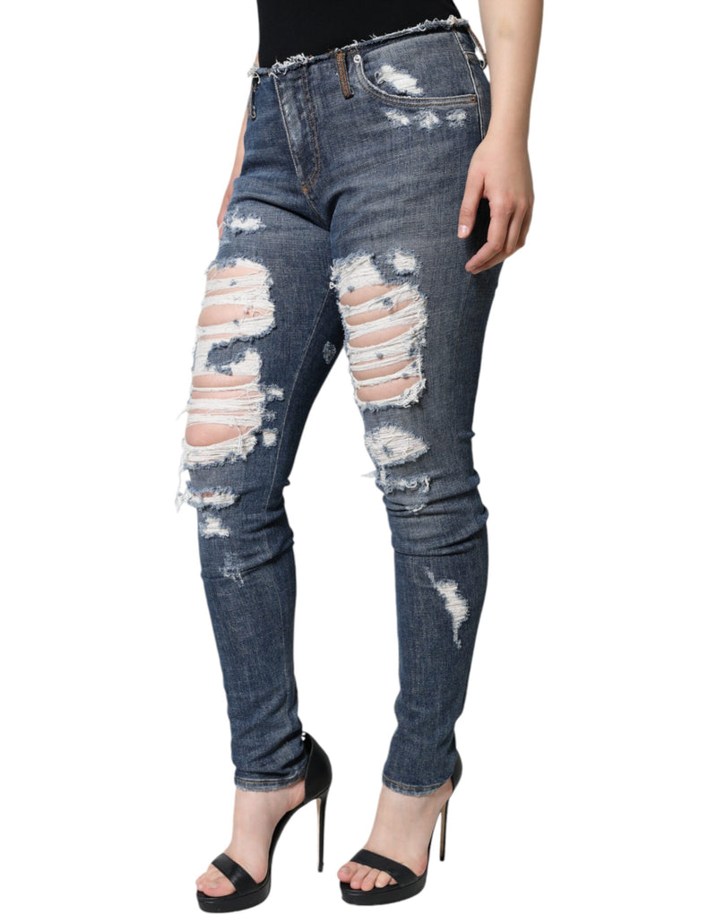 Blue Cotton Stretch Tattered Skinny Jeans Dolce & Gabbana