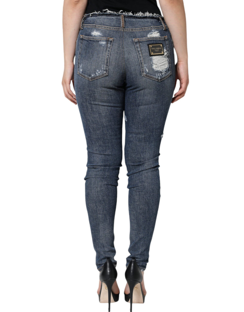 Blue Cotton Stretch Tattered Skinny Jeans Dolce & Gabbana