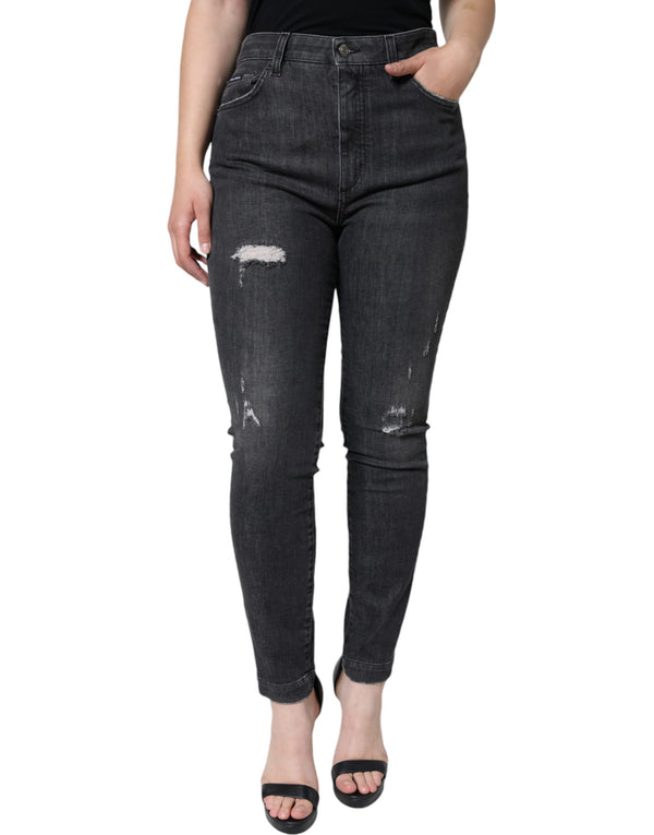 Black Cotton Stretch Tattered Skinny Jeans Dolce & Gabbana